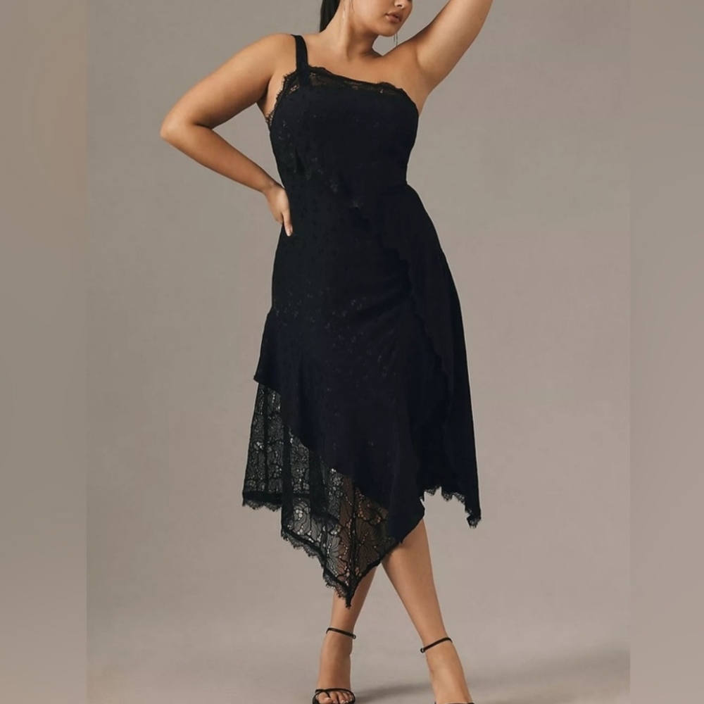 By Anthropologie Asymmetrical Black Lace Maxi Dress Size 6